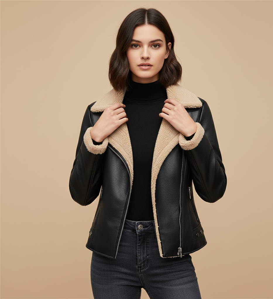 Women’s Faux Leather Biker Jacket with Sherpa Lining – Winter Slim Fit Coat