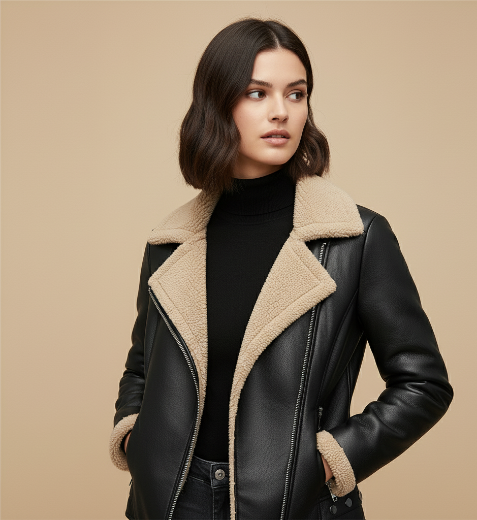 Women’s Faux Leather Biker Jacket with Sherpa Lining – Winter Slim Fit Coat