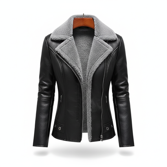 Women’s Faux Leather Biker Jacket with Sherpa Lining – Winter Slim Fit Coat