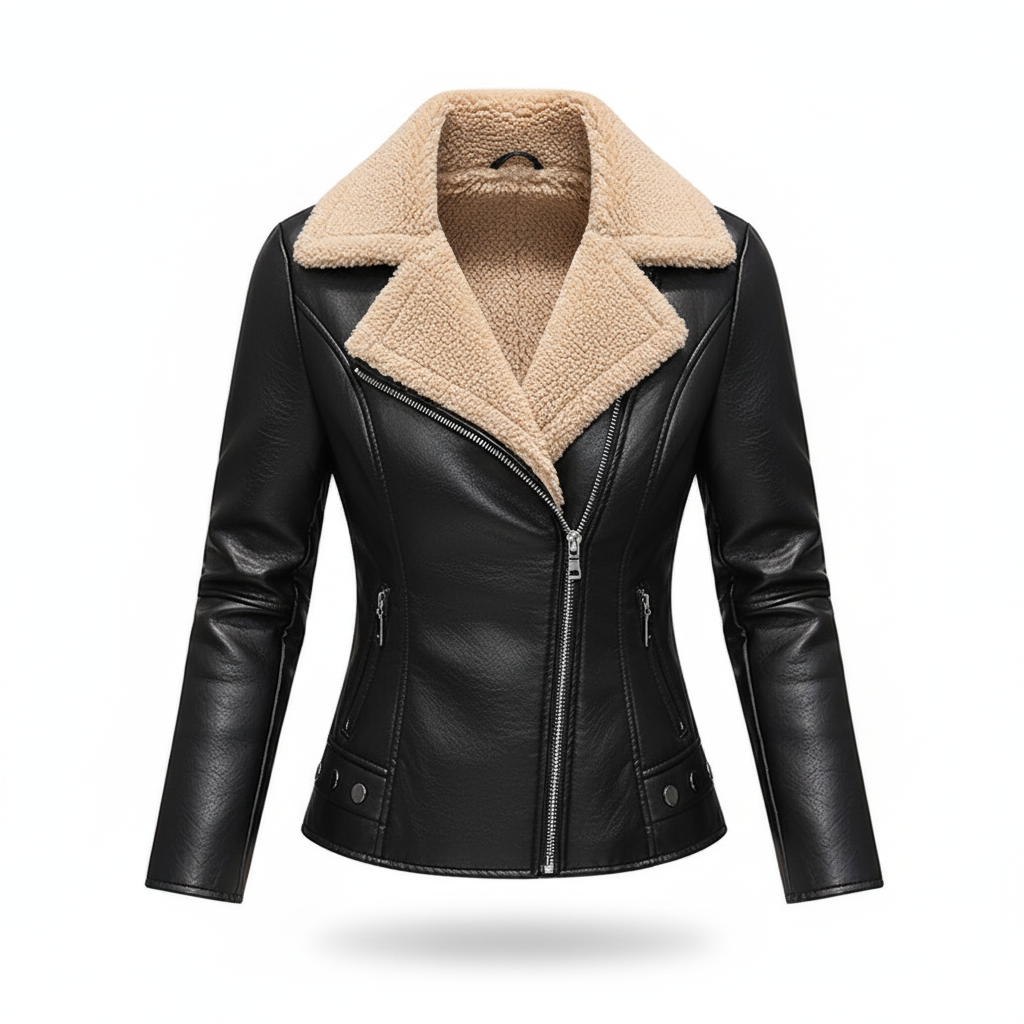 Women’s Faux Leather Biker Jacket with Sherpa Lining – Winter Slim Fit Coat