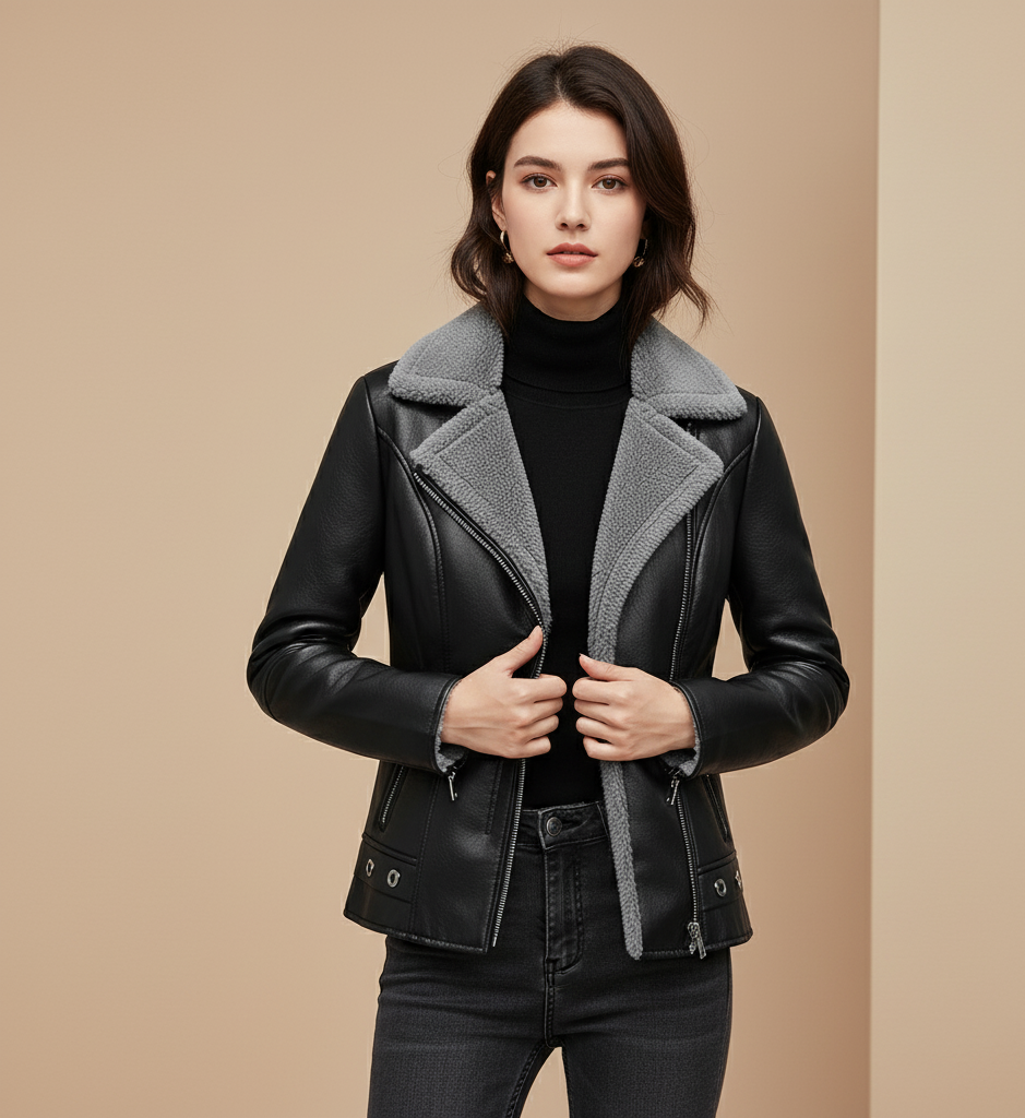 Women’s Faux Leather Biker Jacket with Sherpa Lining – Winter Slim Fit Coat